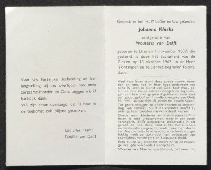 bidprentje Johanna Klerks (Elshout)