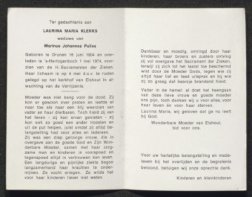 memorial card of Laurina Maria Klerks (widow of Pulles)