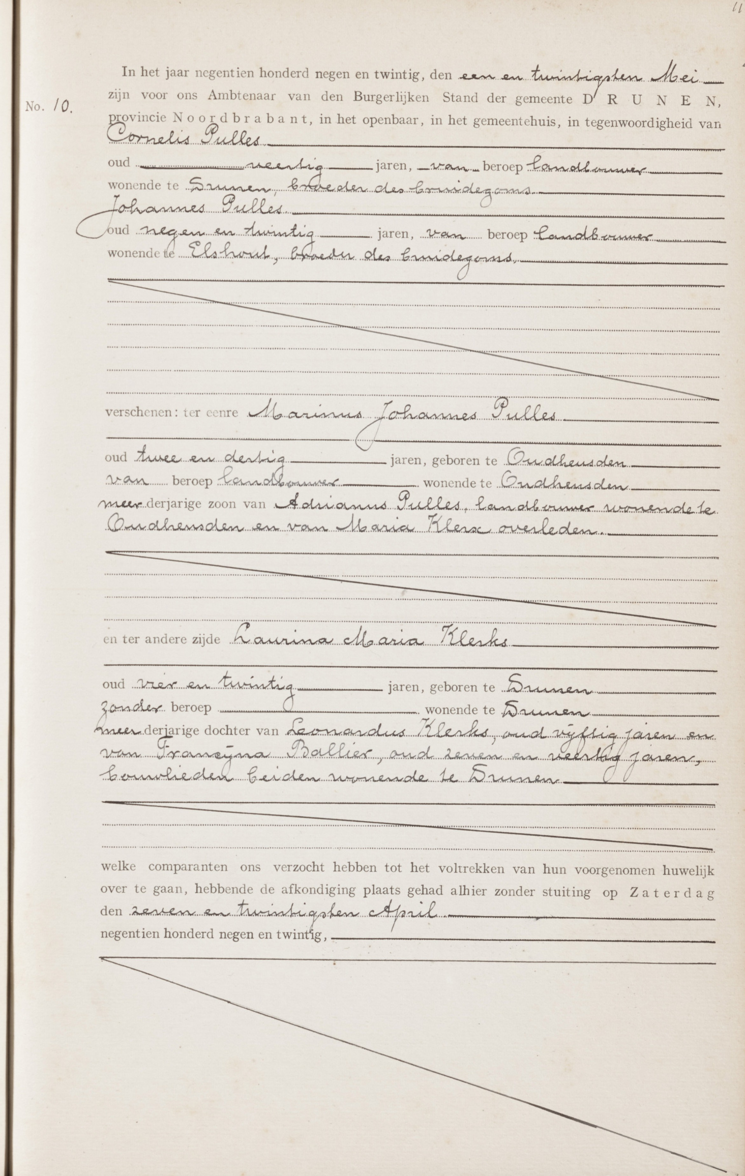 marriage certificate Marinus Pulles and Laurina Klerks (Drunen)