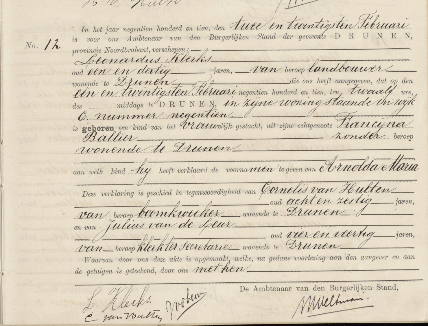 birth certificate Arnolda Maria Klerks (Drunen)