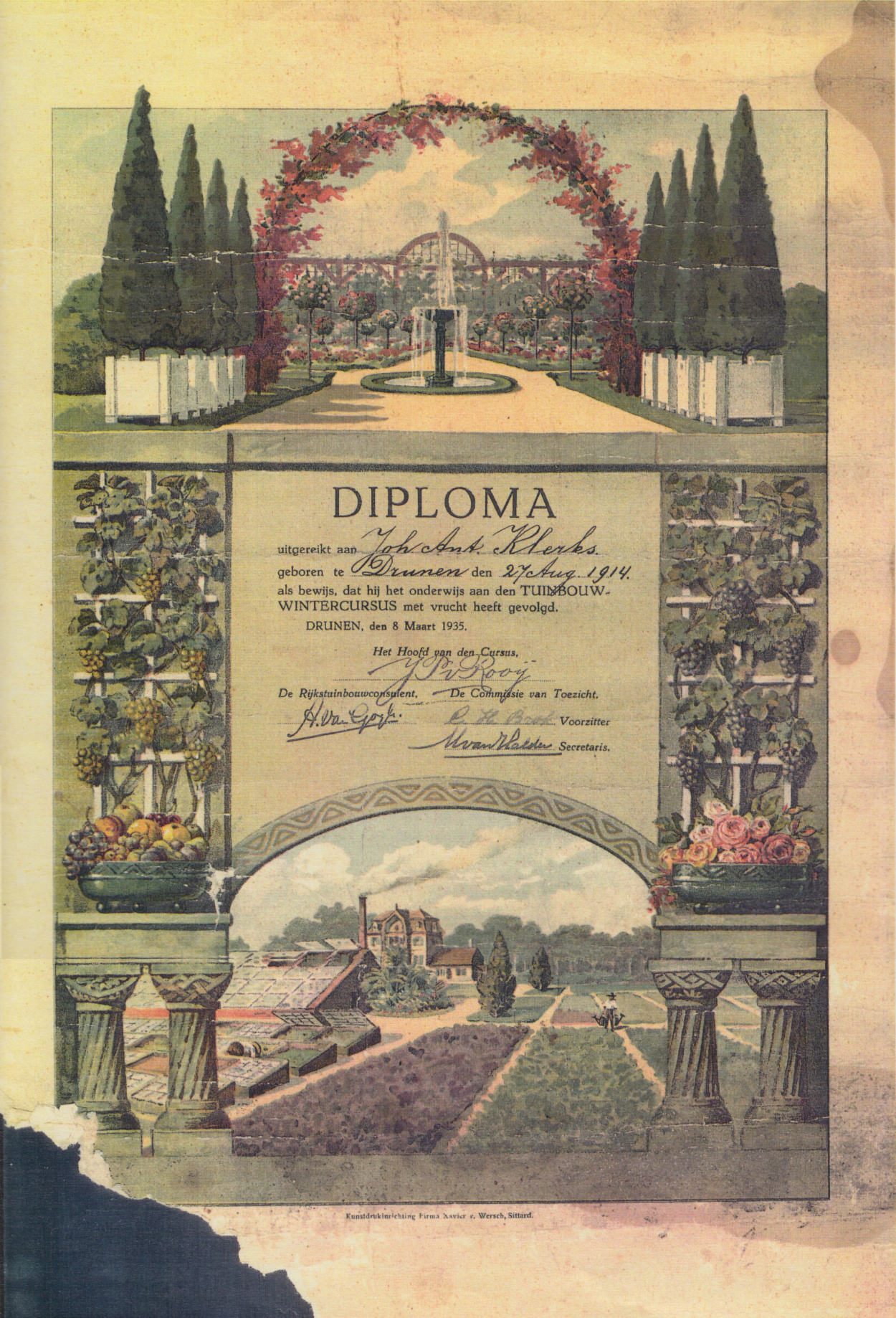 diploma of the horticulture winter course (Drunen)