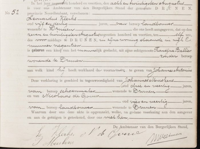 geboorteakte Johannes Antonius Klerks (Drunen)