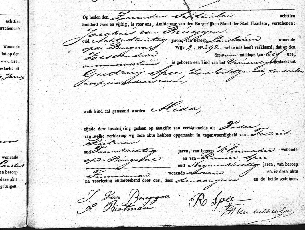birth certificate Alida van Bruggen (Haarlem)