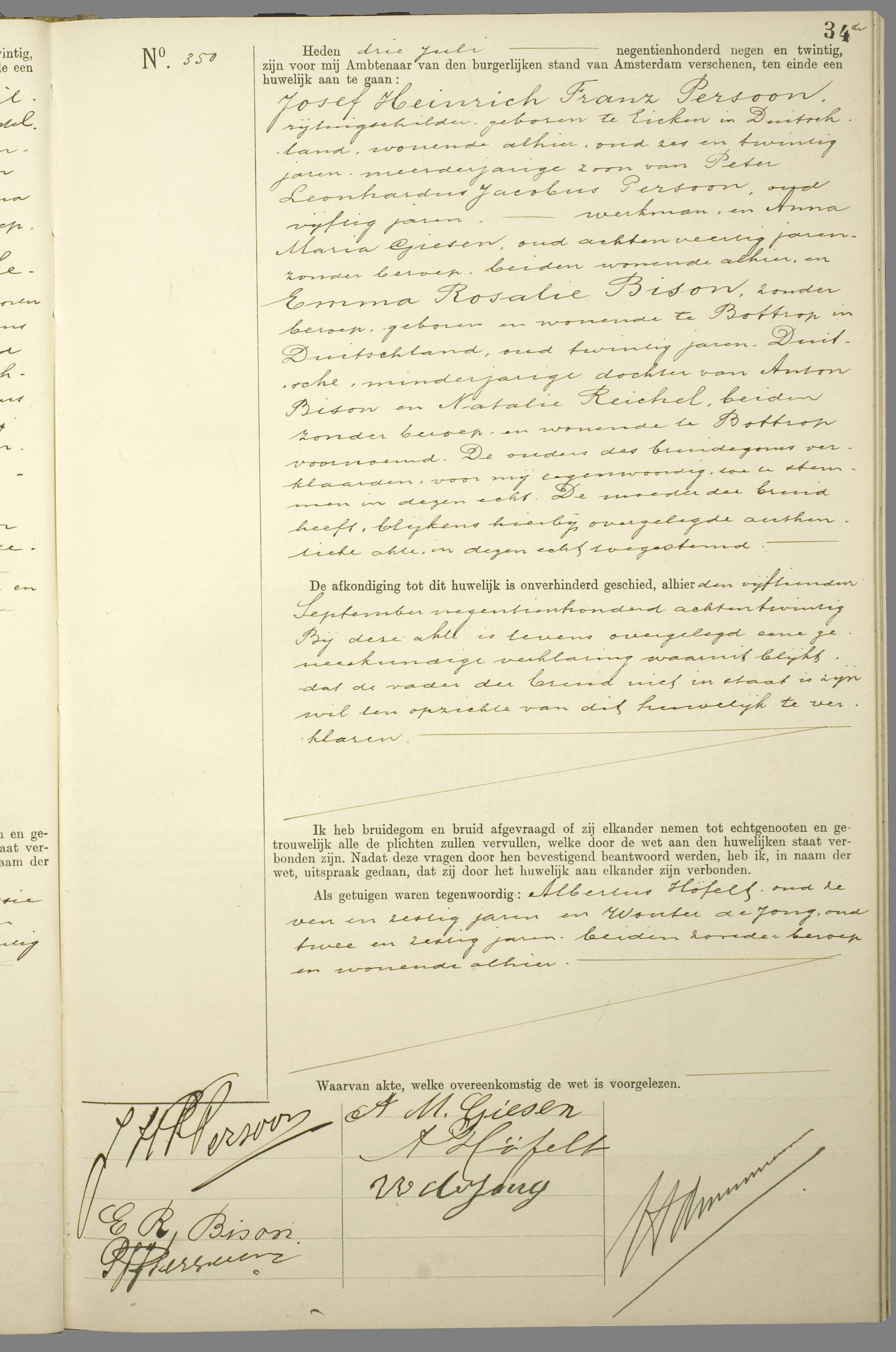 marriage certificate Josef Persoon and Emma Rosalie Bison (Amsterdam)