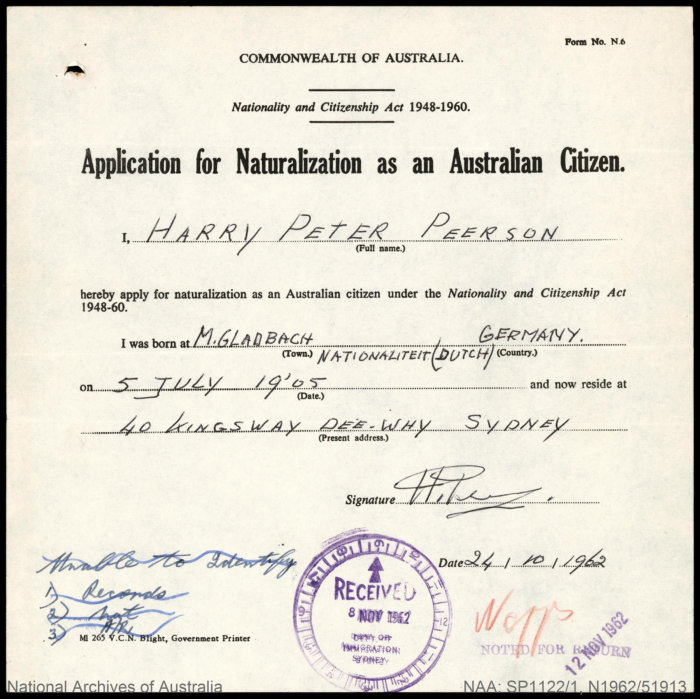 naturalisatiedossier (immigratie NSW, NAA)