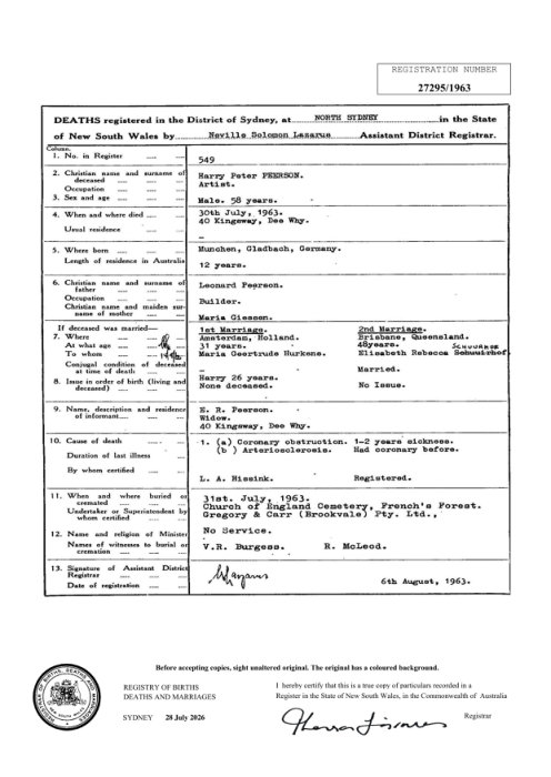 overlijdensakte Harry Peter Peerson (NSW)