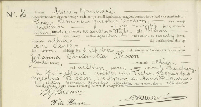 overlijdensakte Johanna Antoinetta Persoon (Amsterdam)