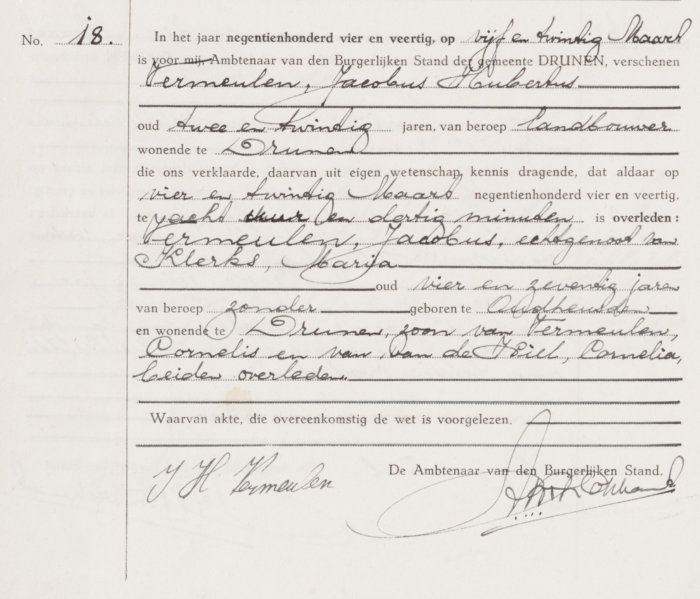 overlijdensakte Jacobus Vermeulen (Drunen)