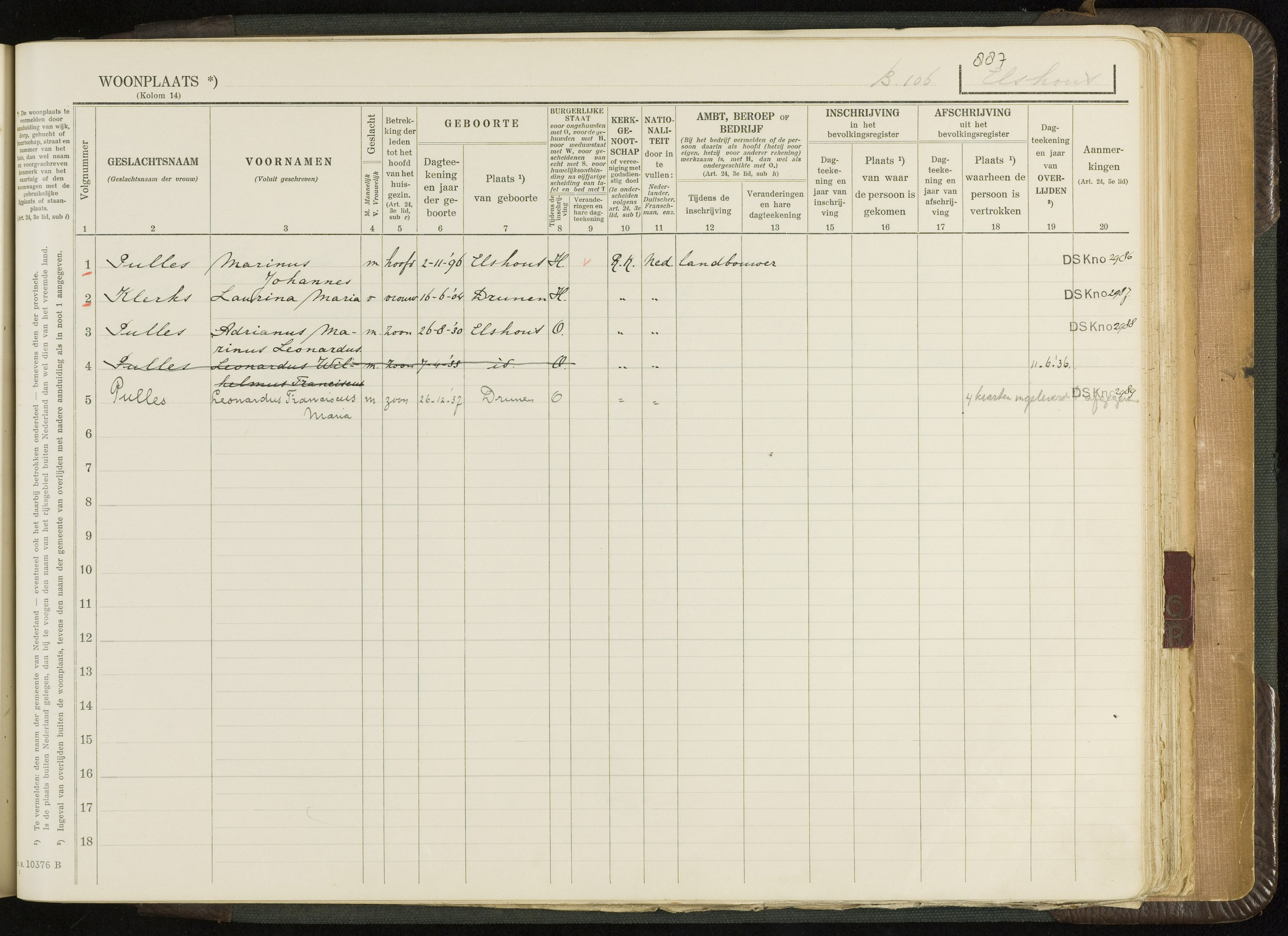 population register Drunen, Marinus Pulles household (Elshout, folio 887)
