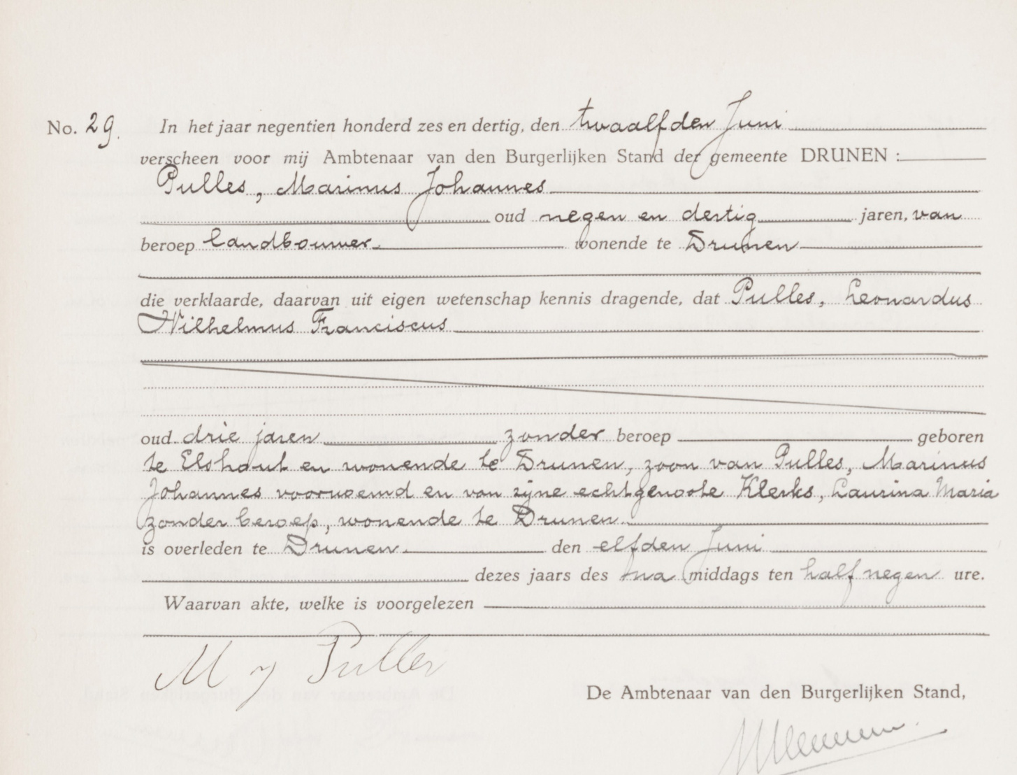 death certificate Leonardus Wilhelmus Franciscus Pulles (Drunen)
