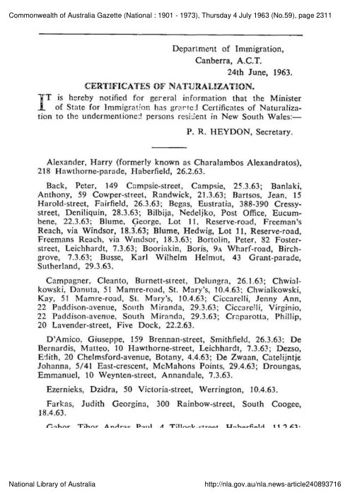naturalisatie Elizabeth Peerson (Commonwealth Gazette)